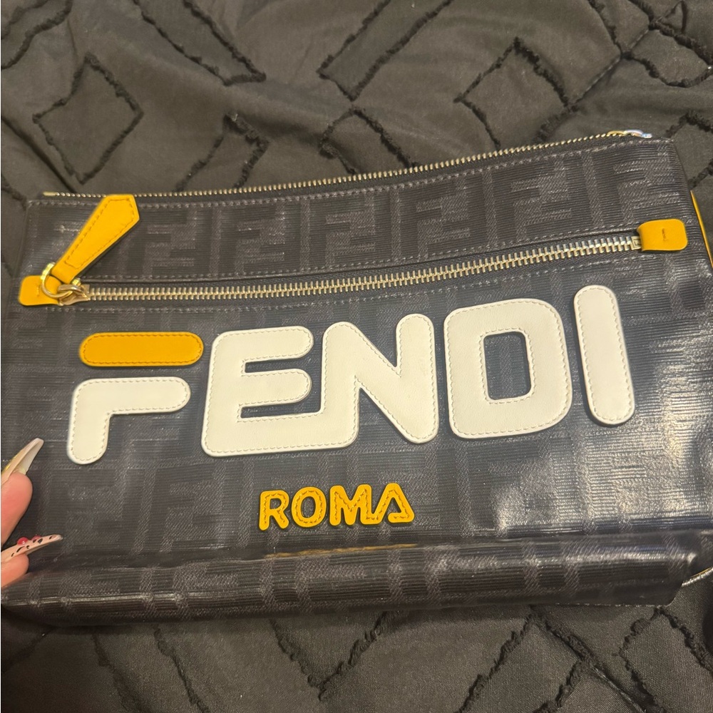 Fendi Gray and Yellow Toiletry Bag with Bold Logo